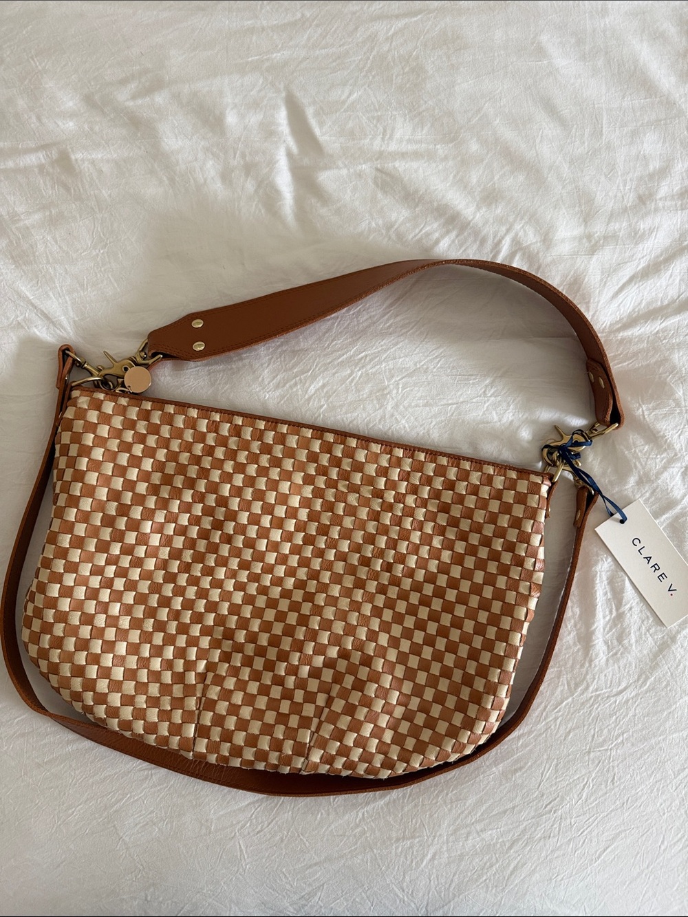 Clare V Tan and Cream Woven Shoulder Bag